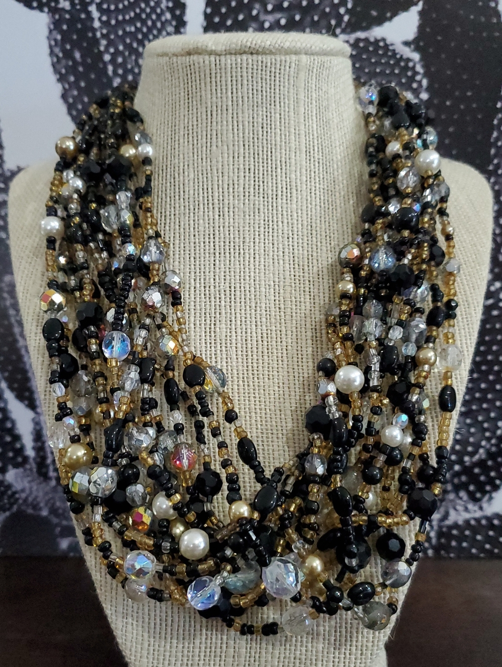 Joan Rivers Multi-Strand Black Gold Beaded Necklace czechoslovakia Shimmer Class